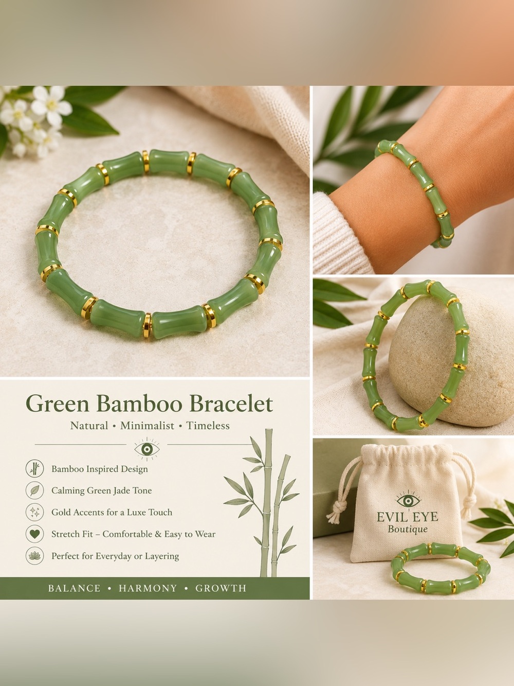 Green Bamboo Bracelet with Gold Accents